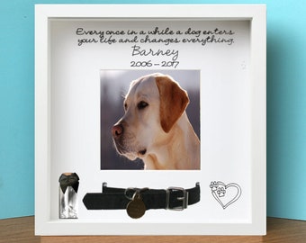 Personalised pet loss memorial photo frame for dog cat collar ashes urn. Remembrance bereavement keepsake gift glass bottle