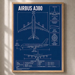 May include: A framed blueprint poster of the Airbus A380 featuring white technical line drawings on a dark blue background. The print displays top, side, and front views of the aircraft, engine details, and a specifications table with imperial measurements.