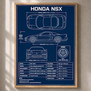 May include: A framed blueprint poster of a Honda NSX in white lines on a dark blue background. It displays top, side, and front views of the car, a wheel diagram, and a technical data table with specifications like 3.0 L engine and 168 mph top speed.