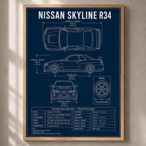May include: A framed blueprint poster of a Nissan Skyline R34 in white lines on a dark blue grid background. It displays top, side, and front views, a wheel detail, and a technical specifications table with measurements in metric and imperial units.