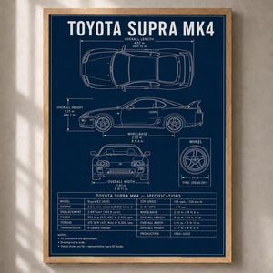 May include: A framed blueprint poster of a Toyota Supra MK4 featuring top, side, and front technical line drawings. The dark blue print includes detailed specifications, dimensions in imperial and metric units, and wheel details in white text.