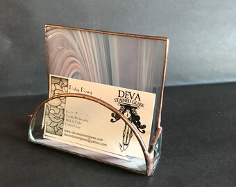 Business Card Holder, Stained Glass, Pink and White Swirl Glass, Bevels, Handmade