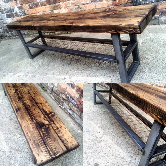 Industrial Chic Reclaimed Bench With Wire Shelf Coffee Table Etsy