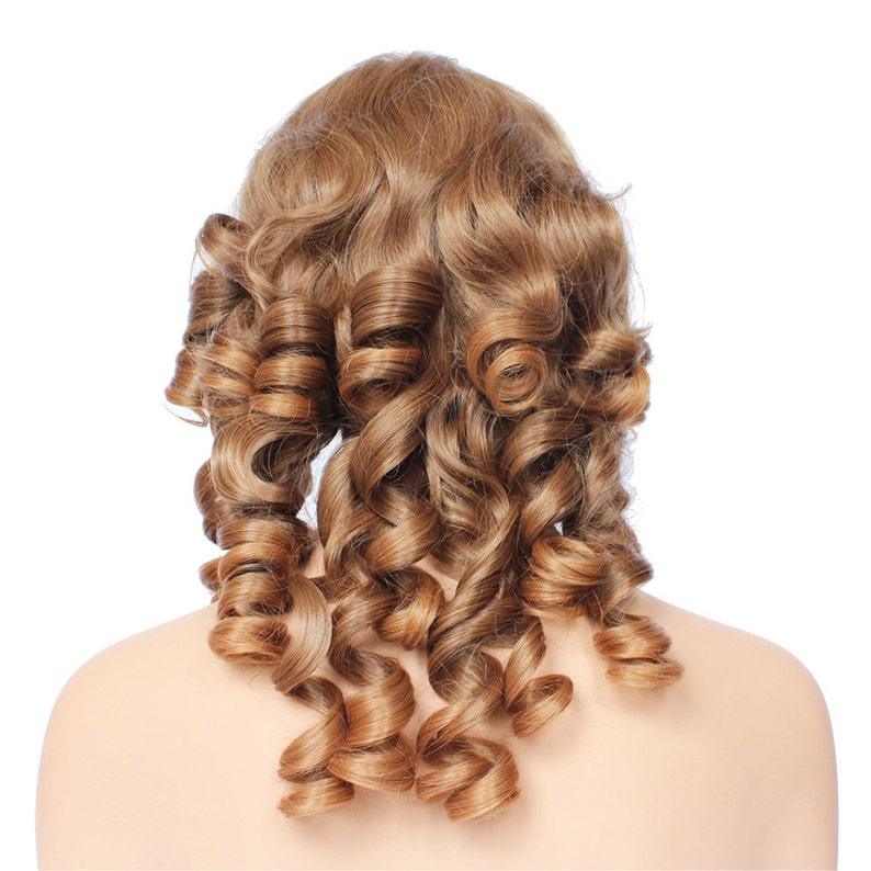 May include: A long, light brown wig with loose curls styled in a cascade down the back.