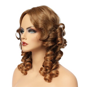 May include: A brown wig with long, curly hair styled in two large ringlets on each side of the head.