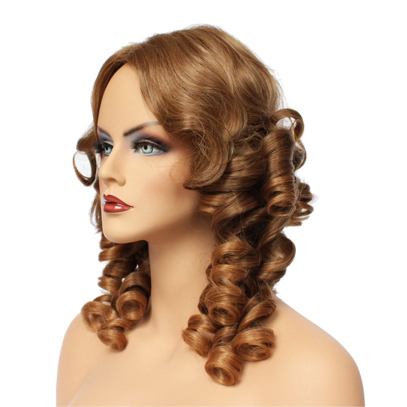 May include: A brown wig with long, curly hair styled in two large ringlets on each side of the head.