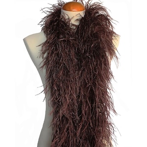 May include: A long brown ostrich feather boa. The boa is draped around a white mannequin.