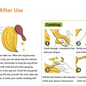 May include: A step-by-step guide on how to care for a wig after use. The illustrations show how to comb the wig with fingers and a special comb, as well as how to roll the hair bands to keep the wig in place. The text mentions using a wig care solution and keeping the wig off high heat to prolong its use.