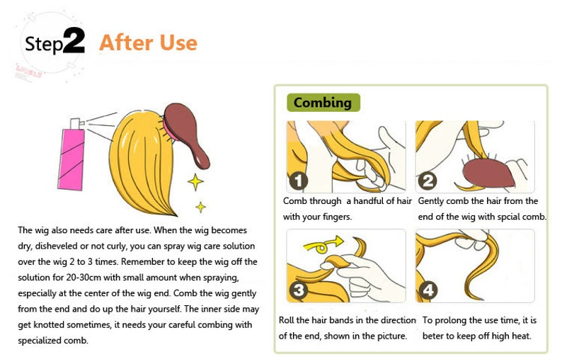 May include: A step-by-step guide on how to care for a wig after use. The illustrations show how to comb the wig with fingers and a special comb, as well as how to roll the hair bands to keep the wig in place. The text mentions using a wig care solution and keeping the wig off high heat to prolong its use.