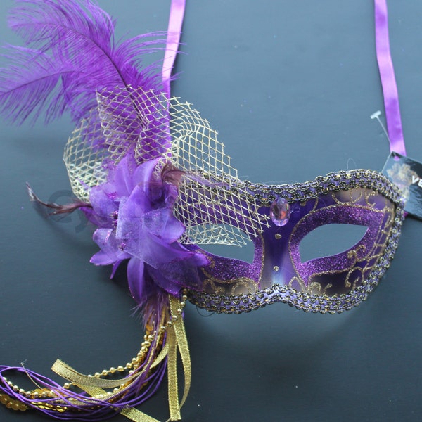 Purple w/ Gold Decor pvc Venetian Ostrich Feather Mask for wedding dancing Masquerade 4B7A SKU: 6F51