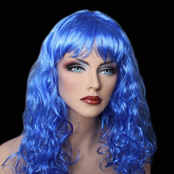 18" Long Royal Blue Synthetic Curly Wavy Hair Wig for Cosplay Party Fancy Dress  7L12