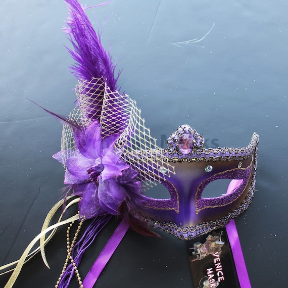 Regal Purple Star Venetian Ostrich Feather Mask for Wedding Masquerade 5D7A SKU: 6E41