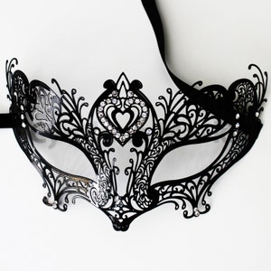 Black laser cut Venetian Filigree Fire Fox Mask Masquerade w/ Clear Rhinestones  SKU: 6G13A