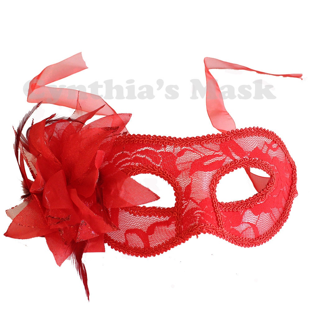 Red Floral Lace Venetian Masquerade Mask W/feathers for Party Prom ...
