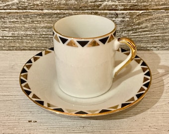 Japanese Porcelain Tea Cup and Saucer, White, gold and black design, Vintage porcelain tea cup, Tea lover gift, Espresso cup and saucer