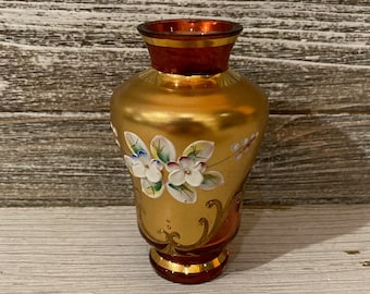 Jarrón de vidrio artístico bohemio checo, jarrón de vidrio checo vintage, mini jarrón rojo y dorado con flores esmaltadas, pequeño jarrón de vidrio con incrustaciones de oro,