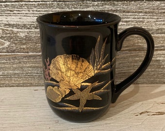 Japanese Tea Cup, Black porcelain tea mug with sea creatures, Sea lover gift, Tea lover gift, Vintage Japanese ceramics, Black and gold