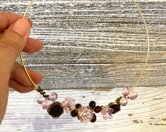 Floral Choker Necklace in pink and purple, Beaded wire necklace, Gold metal wire choker with glass bead flowers
