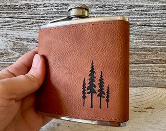 Brown Leather Stamped Flask, Elegant Leather Flask, Forest Flask, Pine Trees Print, Leather gifts for men