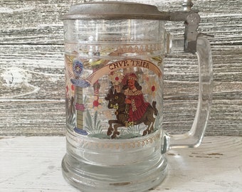 Vintage beer stein mug with Pewter Hinge-Lid, Beer drinking lidded decorative glass mug, Vintage farmhouse decor, Rustic country home gift