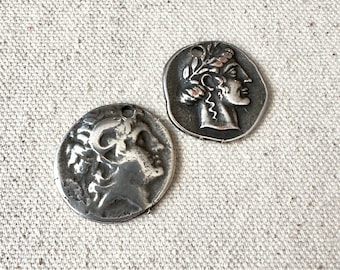 Two Greek God Sterling Silver Coins Pendants, Oxidised silver ancient Greece coins for DIY jewelry making, Athenian Greek coin charms