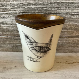 Vintage Laura Zindel Ceramic Cup with Bird, Handmade collectible pottery, Rare find, Artisan Pottery made in Vermont, Decorative Vessel