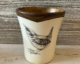 Vintage Laura Zindel Ceramic Cup with Bird, Handmade collectible pottery, Rare find, Artisan Pottery made in Vermont, Decorative Vessel