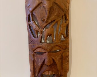 Hand Carved Wooden African Mask, Large tribal mask, African home decor, Vintage collectible, Decorative mask with wild animals,