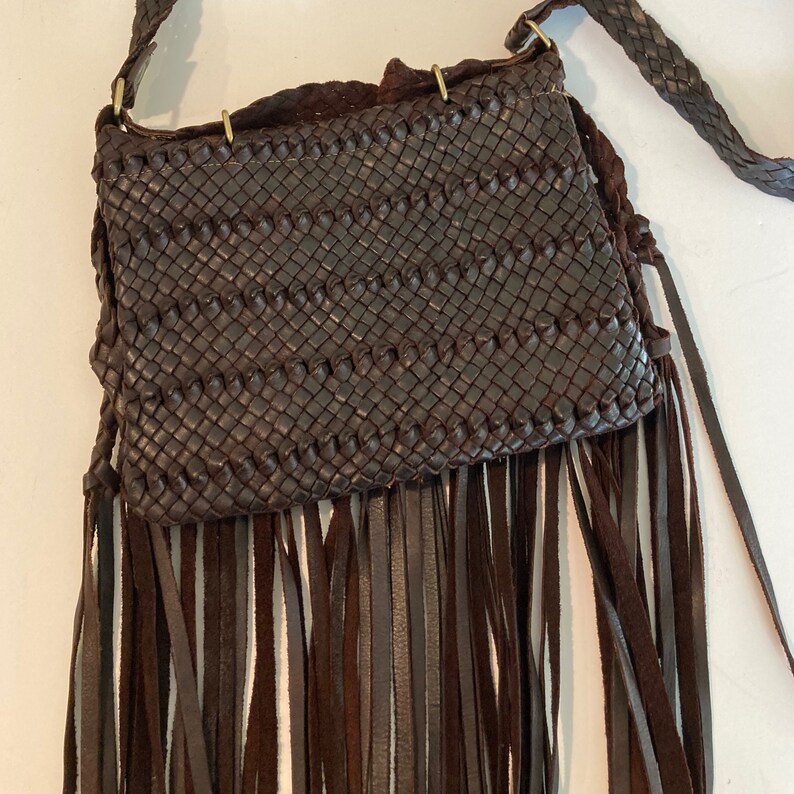 Vintage Leather Purse, Woven flap-top shoulder bag, Woven braided pattern finished with long fringes, Vintage western Purse, image 8