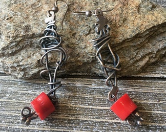 Vintage Sterling Silver and Coral Beads Earrings ,Artisan Made Dangle Earrings, Silver Wire and Natural Red Coral Beads