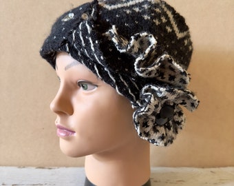 B/W wool hat for women, Fancy OOAK Women's fashion hat, Black & white hat with decorative side flower, Unique hand crafted hat for her