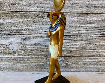 Egyptian God of the Sun Statue, Ancient Egypt Golden Figurine of Ra Horakhty, Egyptian made home decor,