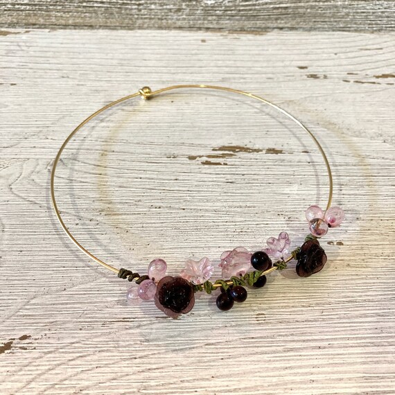 Floral Choker Necklace in pink and purple, Beaded… - image 2