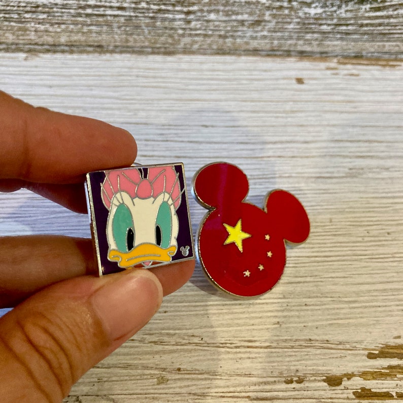 Mickey and Donald Pins, Collectible Disney pins, Two enamel pins, Two Pinback buttons image 1