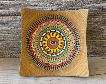 Decorative Bamboo Plate, Hand Painted Wood Plate, Jewelry Dish, Mandala Painted Plate, Dot Painting, Sun Plate, Eye Illustration Plate