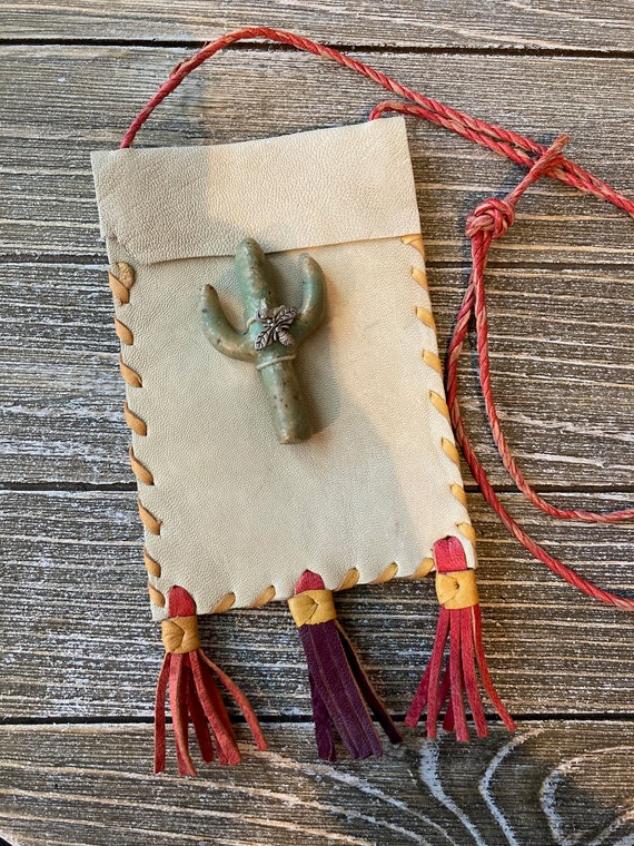 Vintage African Leather Pouch with Ceramic Cactus,