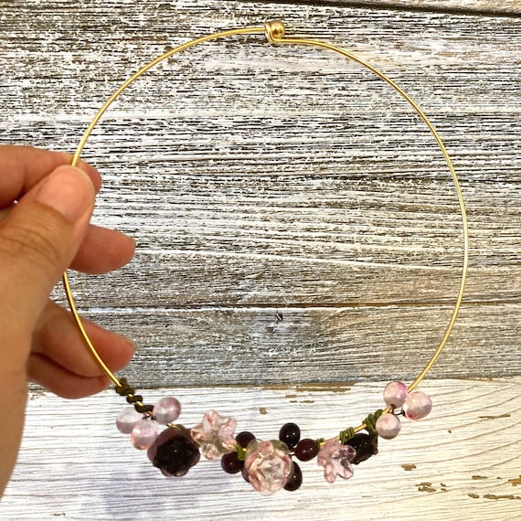 Floral Choker Necklace in pink and purple, Beaded… - image 1