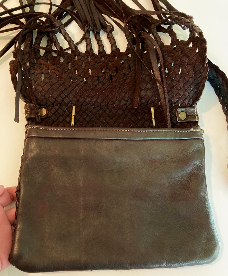 Vintage Leather Purse, Woven flap-top shoulder bag, Woven braided pattern finished with long fringes, Vintage western Purse, image 4