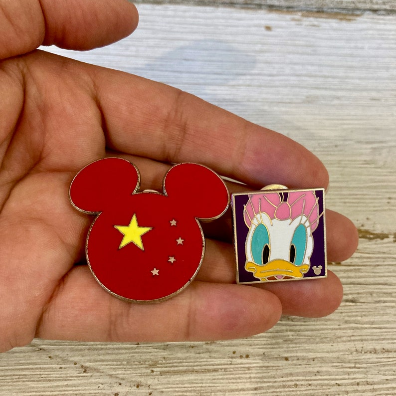 Mickey and Donald Pins, Collectible Disney pins, Two enamel pins, Two Pinback buttons image 3
