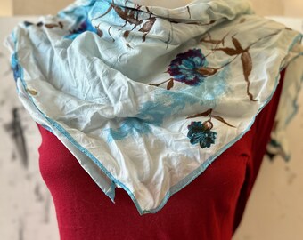 Bufanda floral vintage, bufanda cuadrada grande azul claro, violeta y marrón,