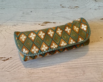 Vintage fabric glasses case, Stylish glasses accessory for her, Brown and Turquoise diamond pattern
