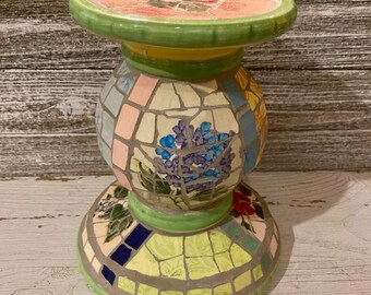 Large Mosaic Candle Holder Base, Decorative floral ceramic mosaic base for wide candles, Pastel colors ceramic, Country Home decor gift