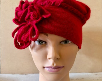 Cranberry-red wool hat for women, Fancy OOAK Women's fashion hat, Red hat with decorative side flower, Unique hand crafted hat for her