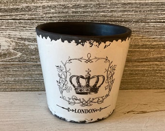 Ceramic Planter Pot, Handmade pot, London plant pot, England pottery, Decorative white ceramic pot with royal crown decoration,