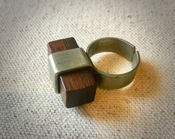 Statement Wood Ring , Steel and Wood Hand Crafted Ring , Industrial Chic Jewelry, Chunky Mans Ring, Unisex Adjustable Coctail Ring