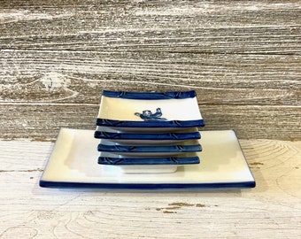 Classic Sushi Serving Ceramic Dish Set, Vintage Japanese Sushi plate in White and Blue with 4 little Soy dishes with Bamboo design motif