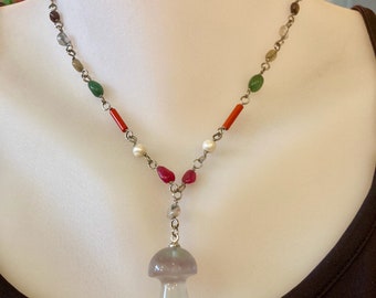 Crystal Mushroom Necklace, Mix stone rosary chain with stone mushroom pendant, Multi color stone necklace