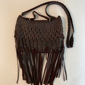 Vintage Leather Purse, Woven flap-top shoulder bag, Woven braided pattern finished with long fringes, Vintage western Purse, image 1