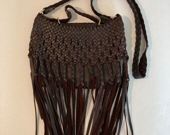 Vintage Leather Purse, Woven flap-top shoulder bag, Woven braided pattern finished with long fringes, Vintage western Purse,