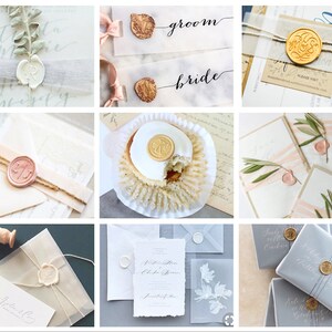 May include: A collection of wedding stationery elements, including invitations, place cards, and gift wrapping. The designs feature elegant calligraphy, wax seals, and botanical accents in soft, neutral colors like white, beige, and gray.